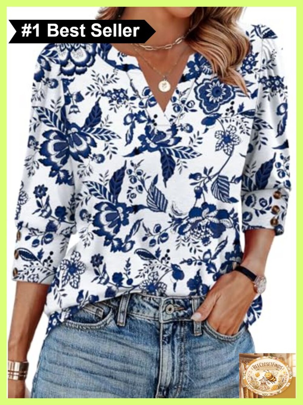 Womens 3/4 Sleeve V-Neck Blouse with Button Cuffs Dressy Casual Top